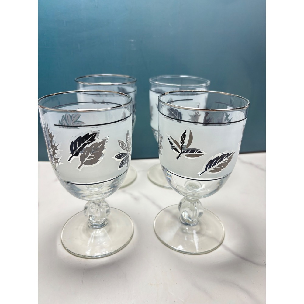 Vintage Libbey Silver Leaf Frosted Goblet Glasses Set of 4 Stemmed MCM Barware